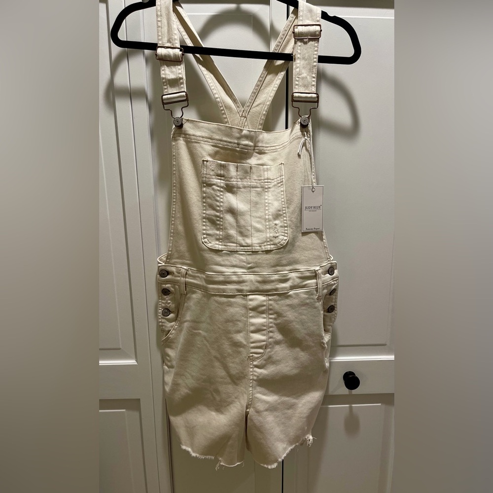 Judy Blue NWT Destroyed Overall Shorts-Ecru